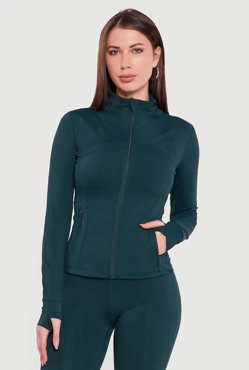 Long Sleeve Mock Neck Zip Front Jacket with Thumb Holes