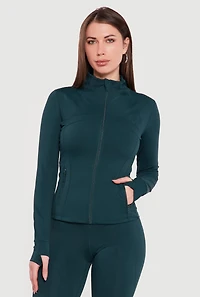 Long Sleeve Mock Neck Zip Front Jacket with Thumb Holes