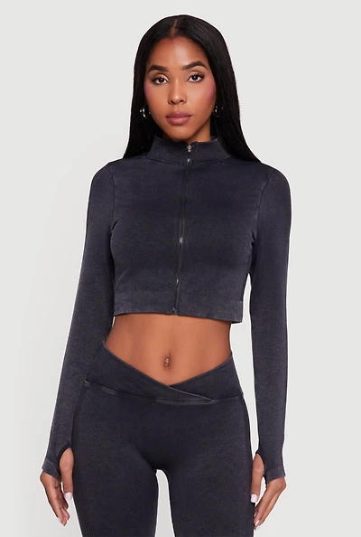 Womens Seamless Acid Wash Cropped Track Jacket,