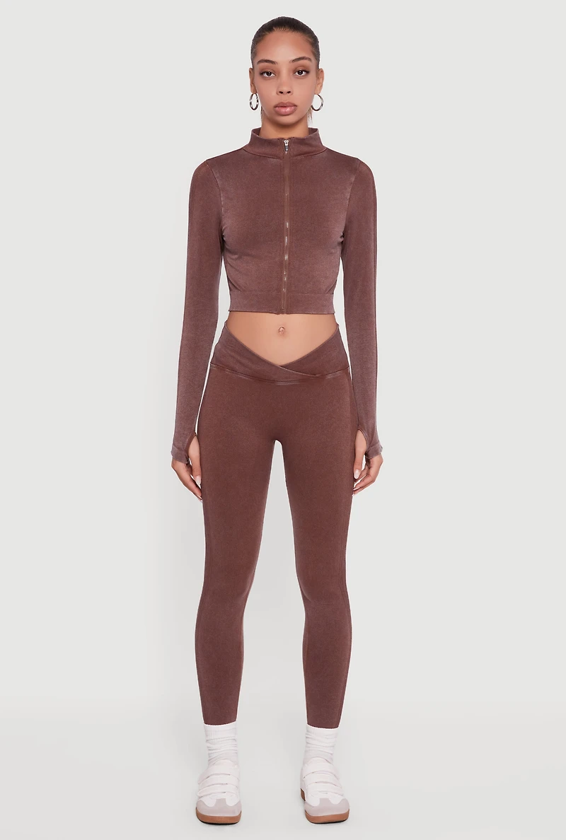 Womens Seamless Acid Wash V-Waist Leggings, Brown, Size M