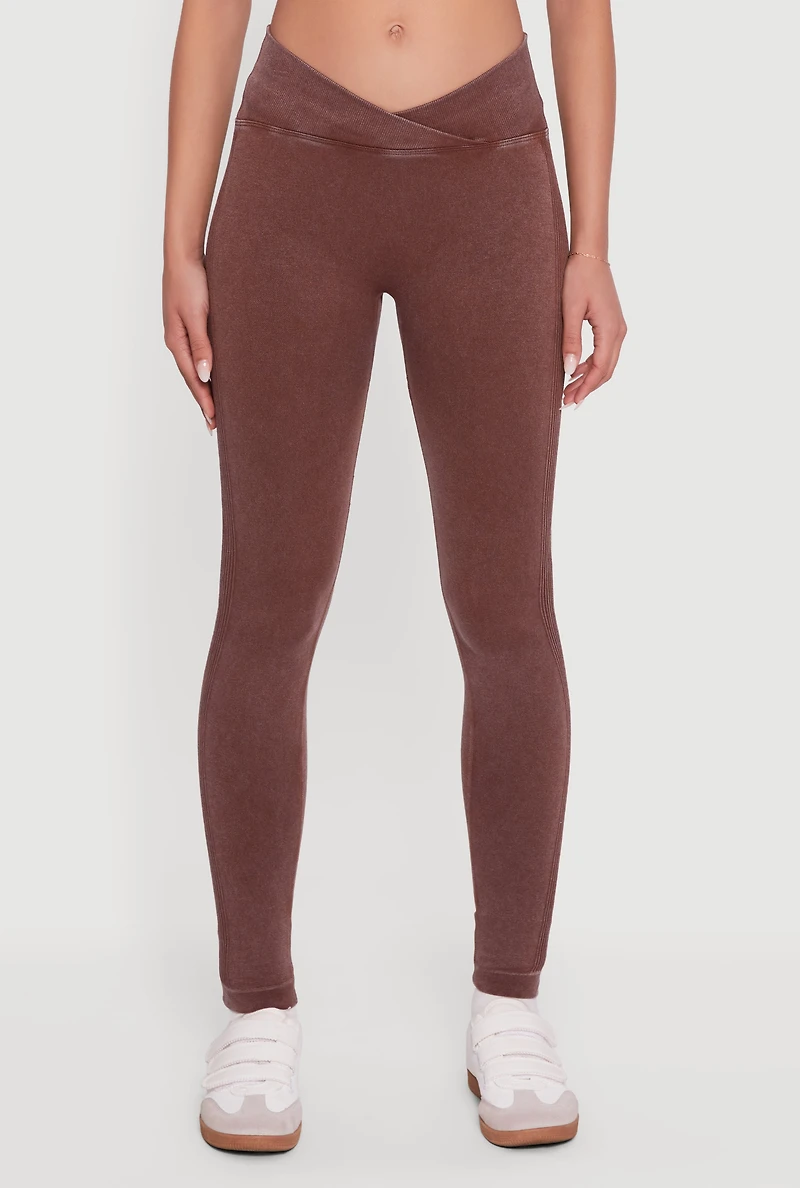 Womens Seamless Acid Wash V-Waist Leggings, Brown, Size M