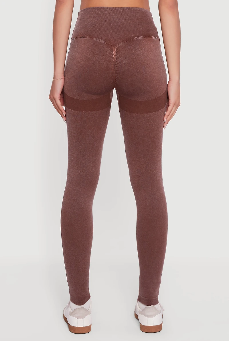 Womens Seamless Acid Wash V-Waist Leggings, Brown, Size M