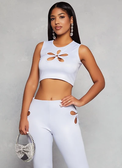 Womens Leather Look Flower Keyhole Crop Top, White, Size S