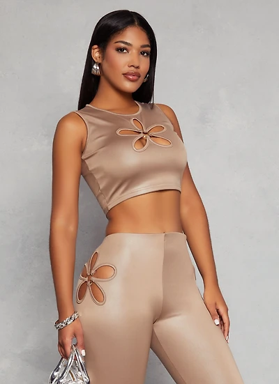 Womens Leather Look Flower Keyhole Crop Top, Beige, Size M