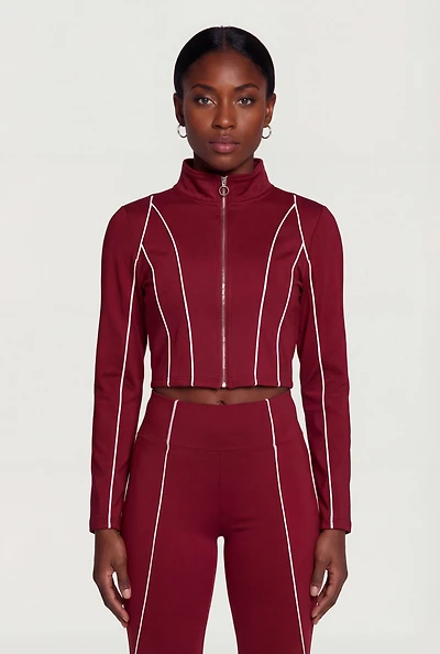 Contrast Trim Piping Zip Front Mock Neck Track Jacket