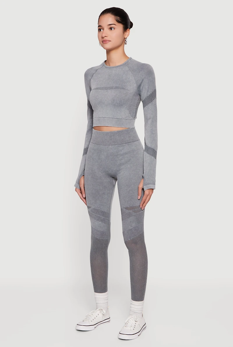 Womens Acid Wash Laser Cut Long Sleeve Crop Top with Thumb Holes, Grey, Size S-M