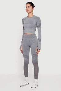 Womens Acid Wash Laser Cut Long Sleeve Crop Top with Thumb Holes, Grey, Size S-M