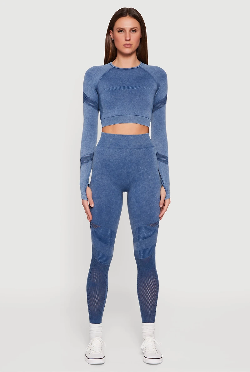 Acid Wash Laser Cut Long Sleeve Crop Top with Thumb Holes