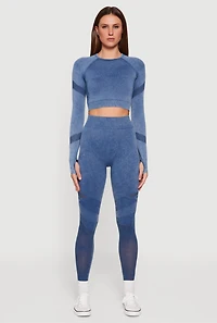 Acid Wash Laser Cut Long Sleeve Crop Top with Thumb Holes