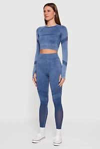 Acid Wash Laser Cut Long Sleeve Crop Top with Thumb Holes