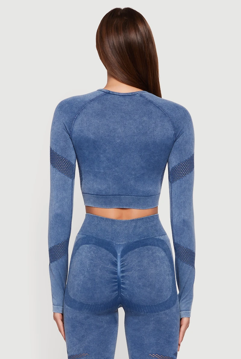Acid Wash Laser Cut Long Sleeve Crop Top with Thumb Holes