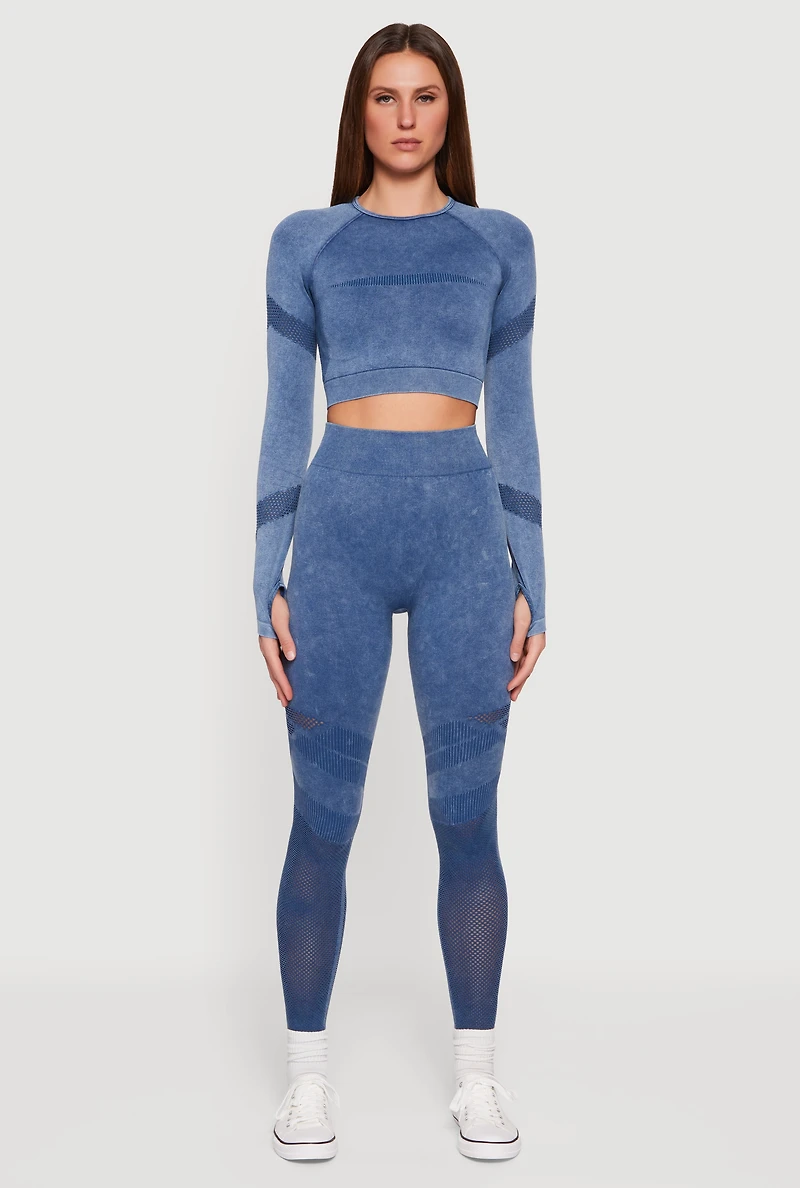 Womens High Waisted Acid Wash Laser Cut Leggings, Blue, Size L-XL