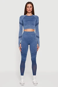 Womens High Waisted Acid Wash Laser Cut Leggings, Blue, Size L-XL