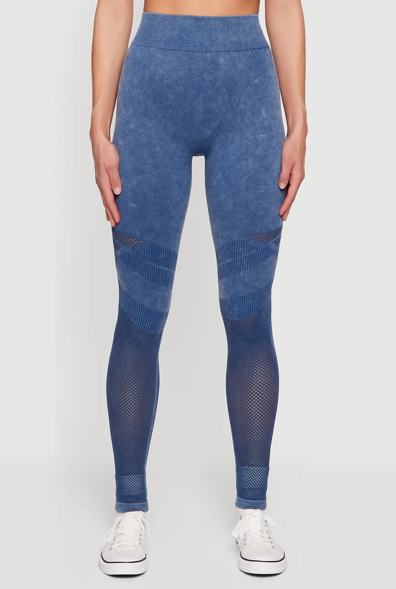 Womens High Waisted Acid Wash Laser Cut Leggings, Blue, Size L-XL