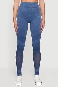 Womens High Waisted Acid Wash Laser Cut Leggings, Blue, Size L-XL