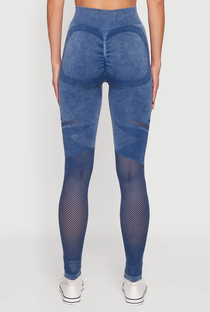 Womens High Waisted Acid Wash Laser Cut Leggings, Blue, Size L-XL