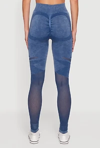 Womens High Waisted Acid Wash Laser Cut Leggings, Blue, Size L-XL
