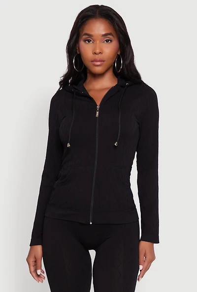 Geometric Patterned Zip Front Drawstring Hoodie