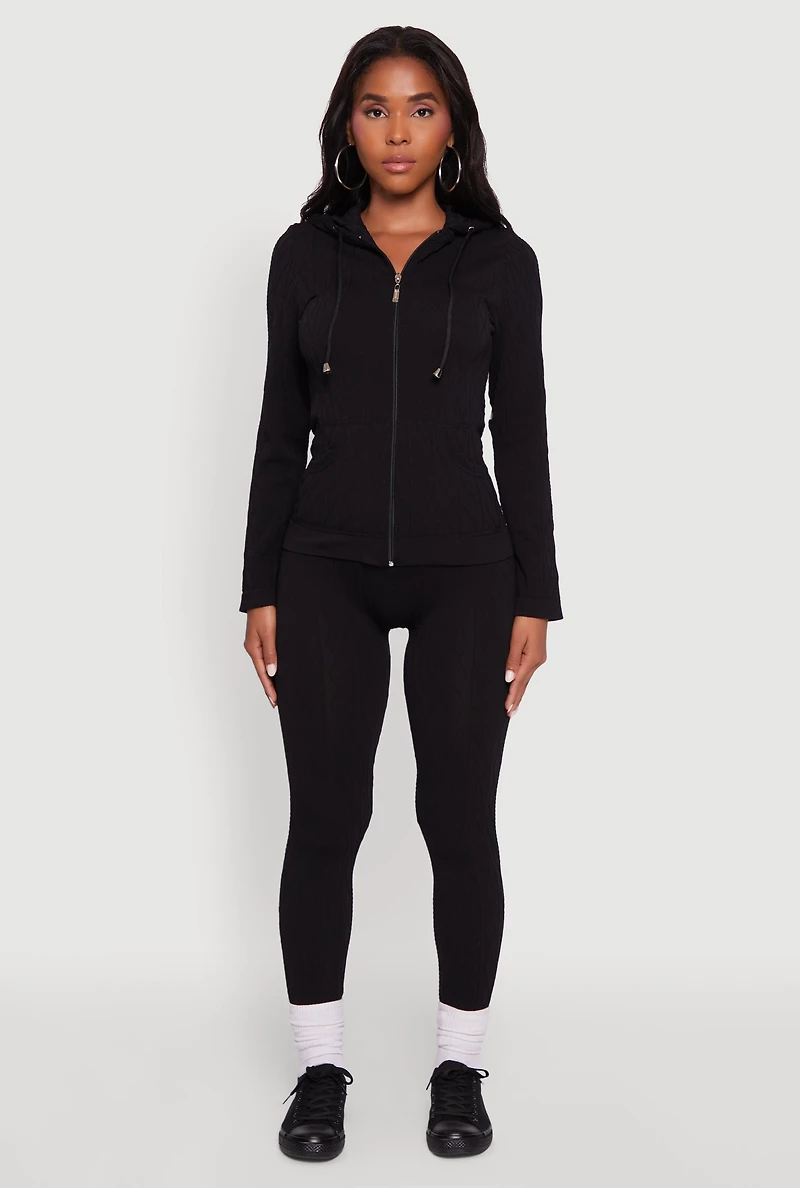 Womens Geometric Patterned Zip Front Drawstring Hoodie, Black, Size S-M