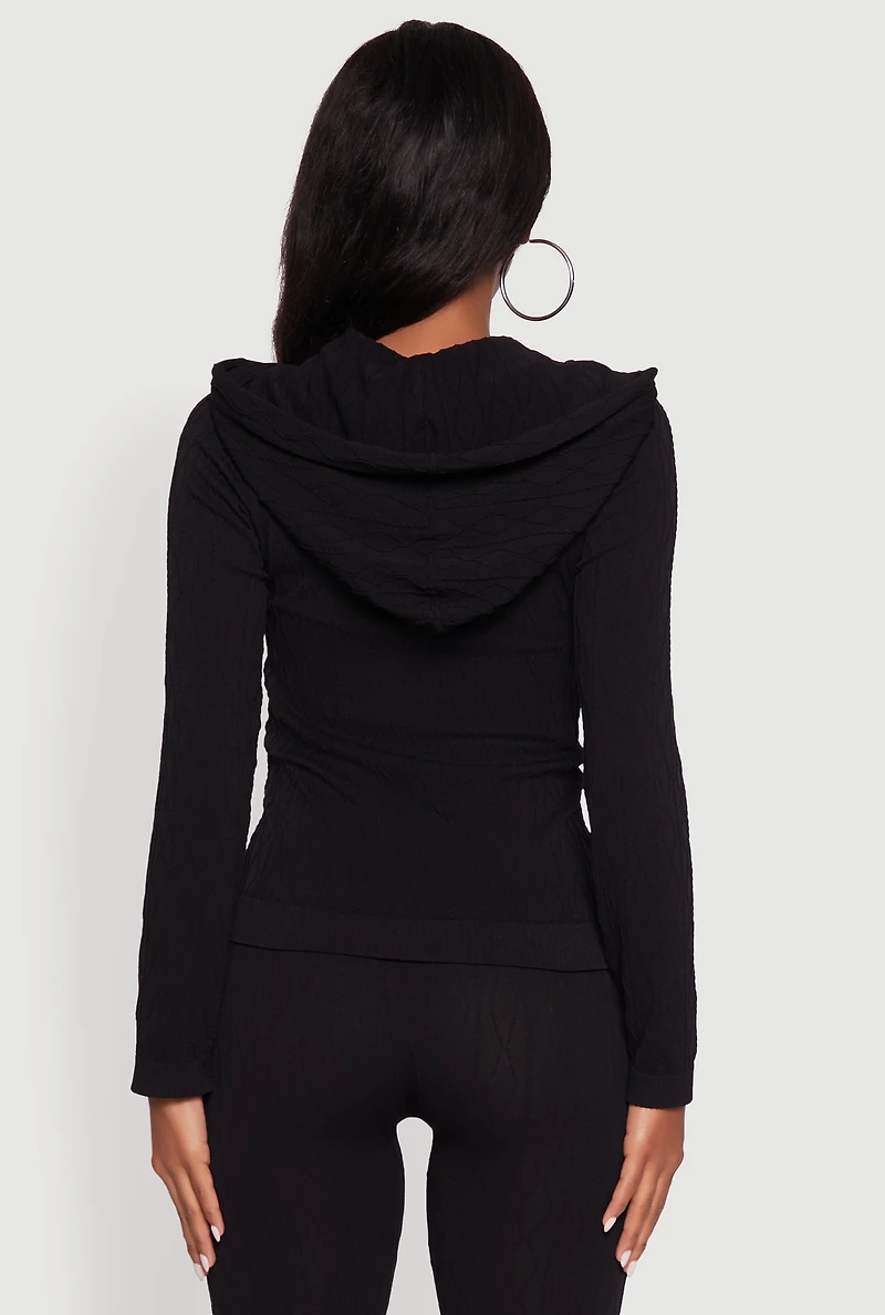 Womens Geometric Patterned Zip Front Drawstring Hoodie, Black, Size S-M