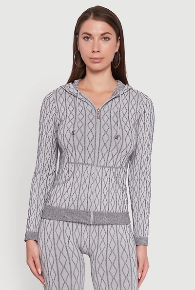 Womens Geometric Patterned Zip Front Drawstring Hoodie, S-M