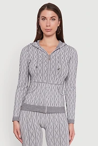 Womens Geometric Patterned Zip Front Drawstring Hoodie,