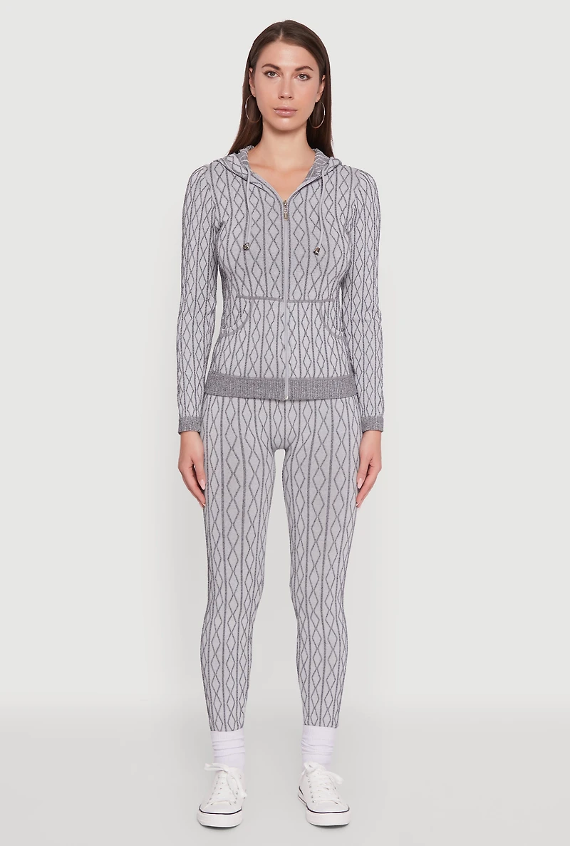 Womens Geometric Patterned Zip Front Drawstring Hoodie,