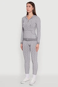 Womens Geometric Patterned Zip Front Drawstring Hoodie,