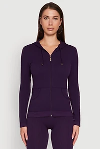 Womens Geometric Patterned Zip Front Drawstring Hoodie, Purple, Size S-M