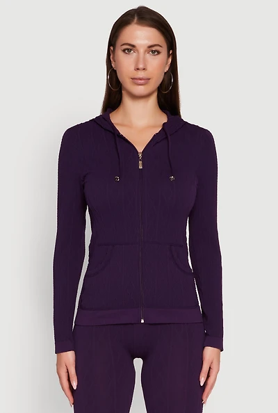 Womens Geometric Patterned Zip Front Drawstring Hoodie, M-L