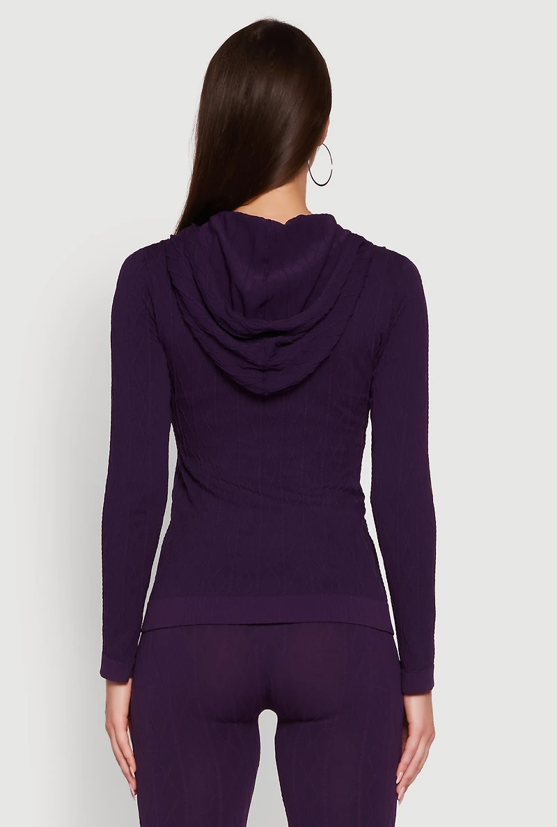 Womens Geometric Patterned Zip Front Drawstring Hoodie, Purple, Size S-M