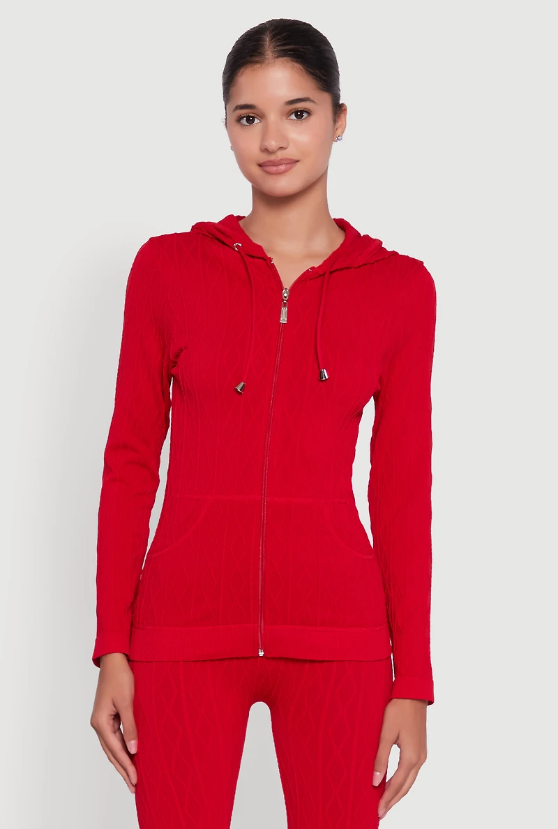 Geometric Patterned Zip Front Drawstring Hoodie