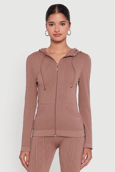 Womens Geometric Patterned Zip Front Drawstring Hoodie,