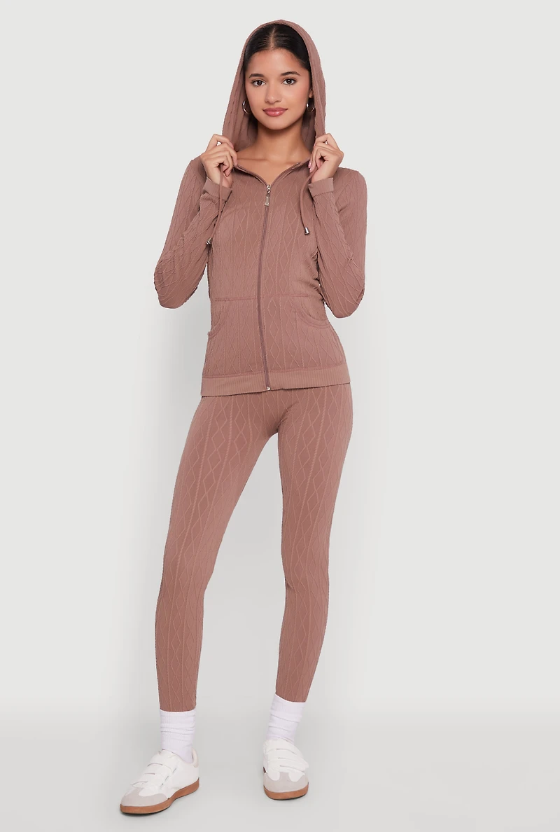 Womens Geometric Patterned Zip Front Drawstring Hoodie, Brown, Size M-L