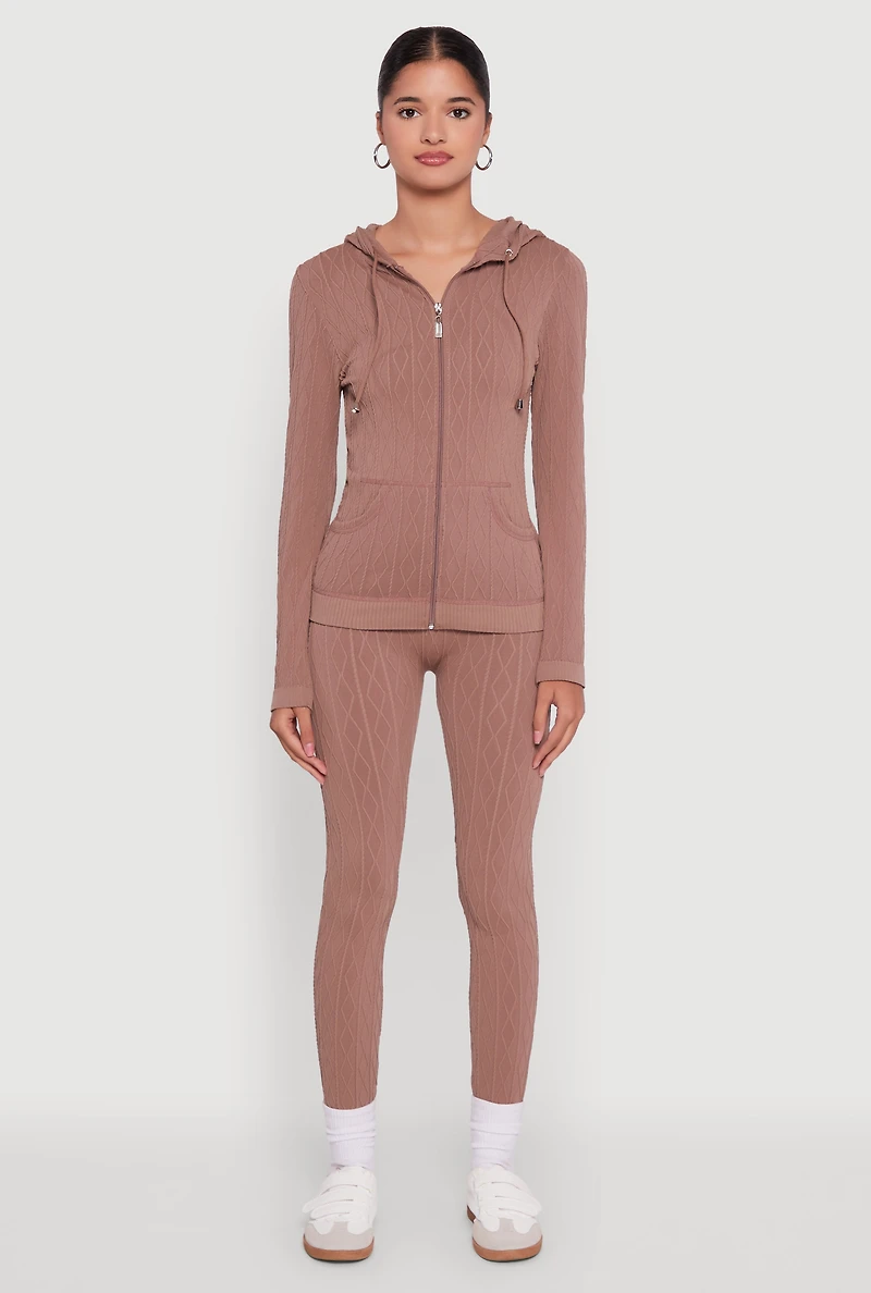 Womens Geometric Patterned Zip Front Drawstring Hoodie, M-L