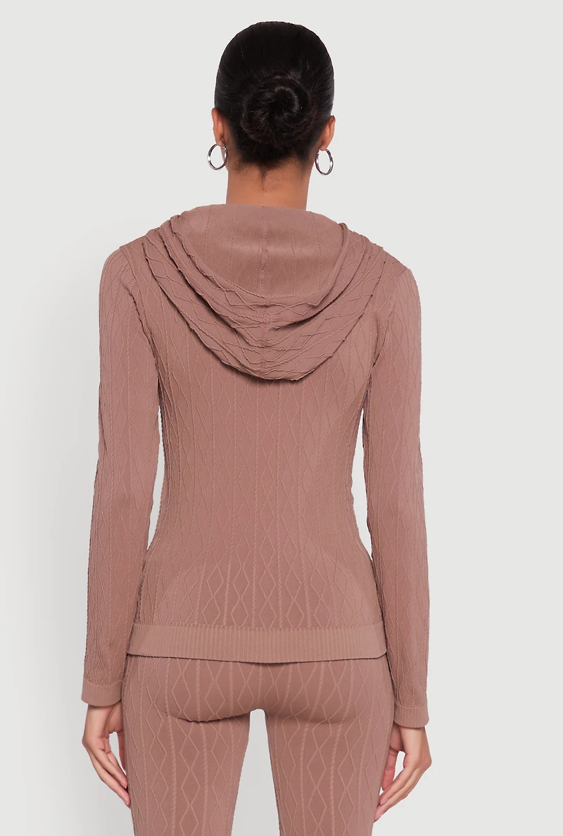 Womens Geometric Patterned Zip Front Drawstring Hoodie, Brown, Size M-L