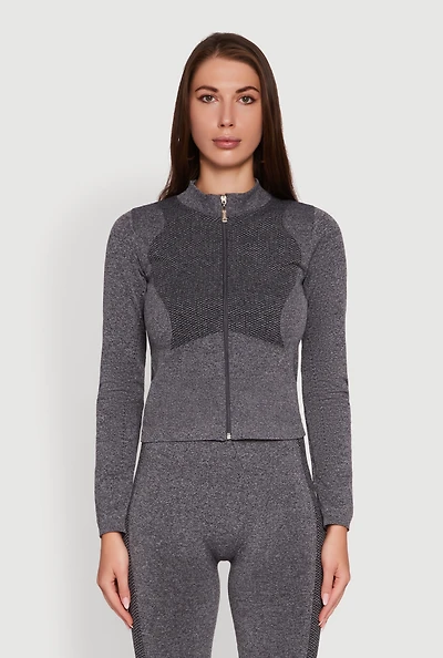 Womens Seamless Marled Mock Neck Long Sleeve Track Jacket, Grey, Size M-L