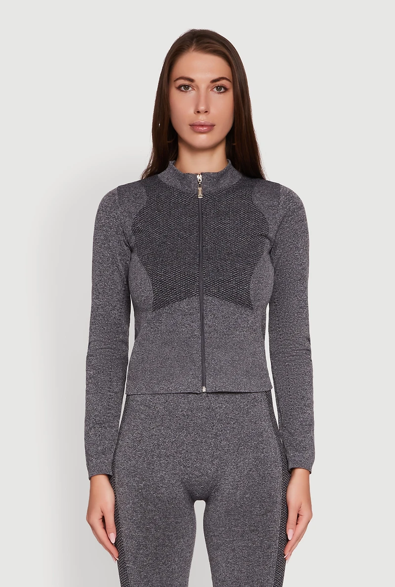 Womens Seamless Marled Mock Neck Long Sleeve Track Jacket, Grey,