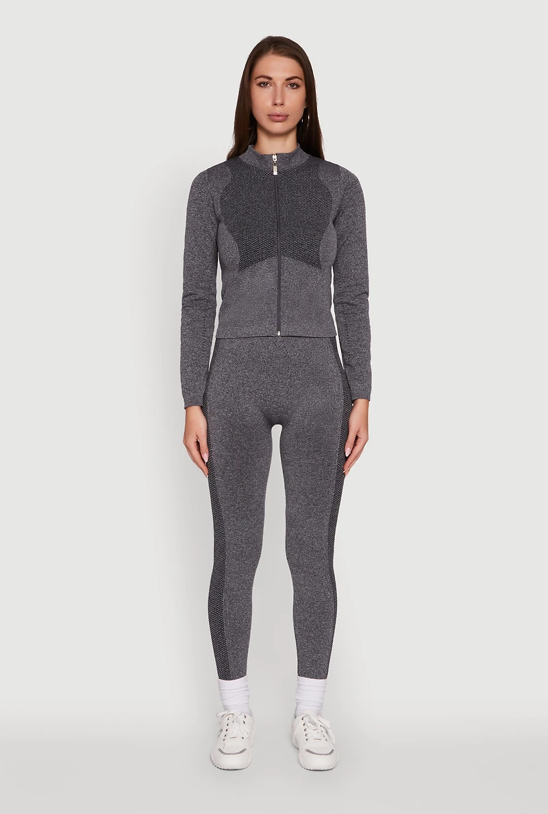 Womens Seamless Marled Mock Neck Long Sleeve Track Jacket, Grey, Size M-L