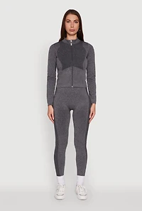 Womens Seamless Marled Mock Neck Long Sleeve Track Jacket, Grey, Size M-L