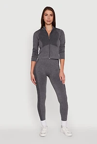 Womens Seamless Marled Mock Neck Long Sleeve Track Jacket, Grey, Size M-L