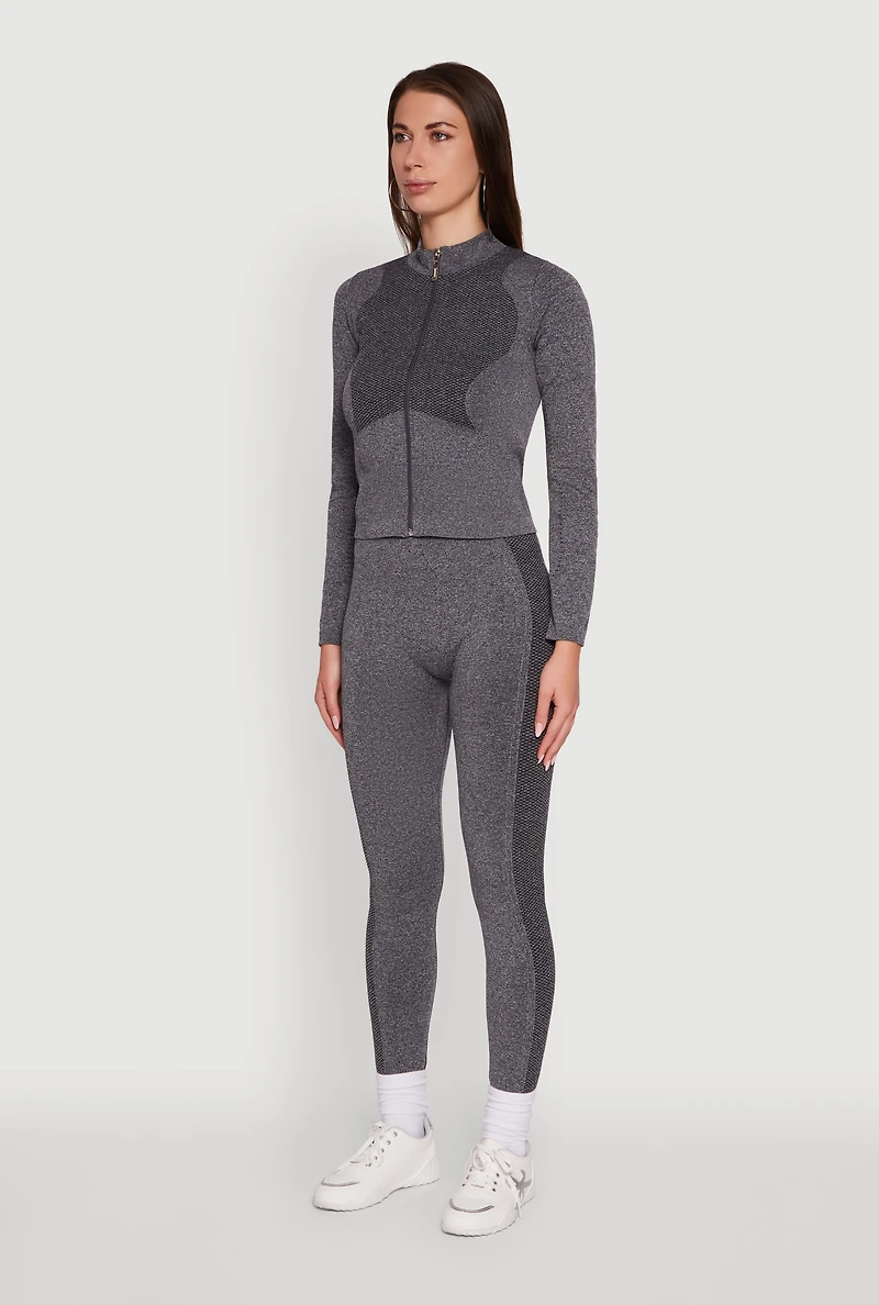 Womens Seamless Marled Mock Neck Long Sleeve Track Jacket, Grey,