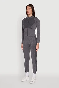 Womens Seamless Marled Mock Neck Long Sleeve Track Jacket, Grey,
