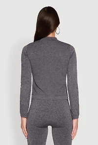 Womens Seamless Marled Mock Neck Long Sleeve Track Jacket, Grey,