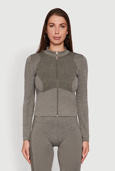 Womens Seamless Marled Mock Neck Long Sleeve Track Jacket, Grey, Size S-M