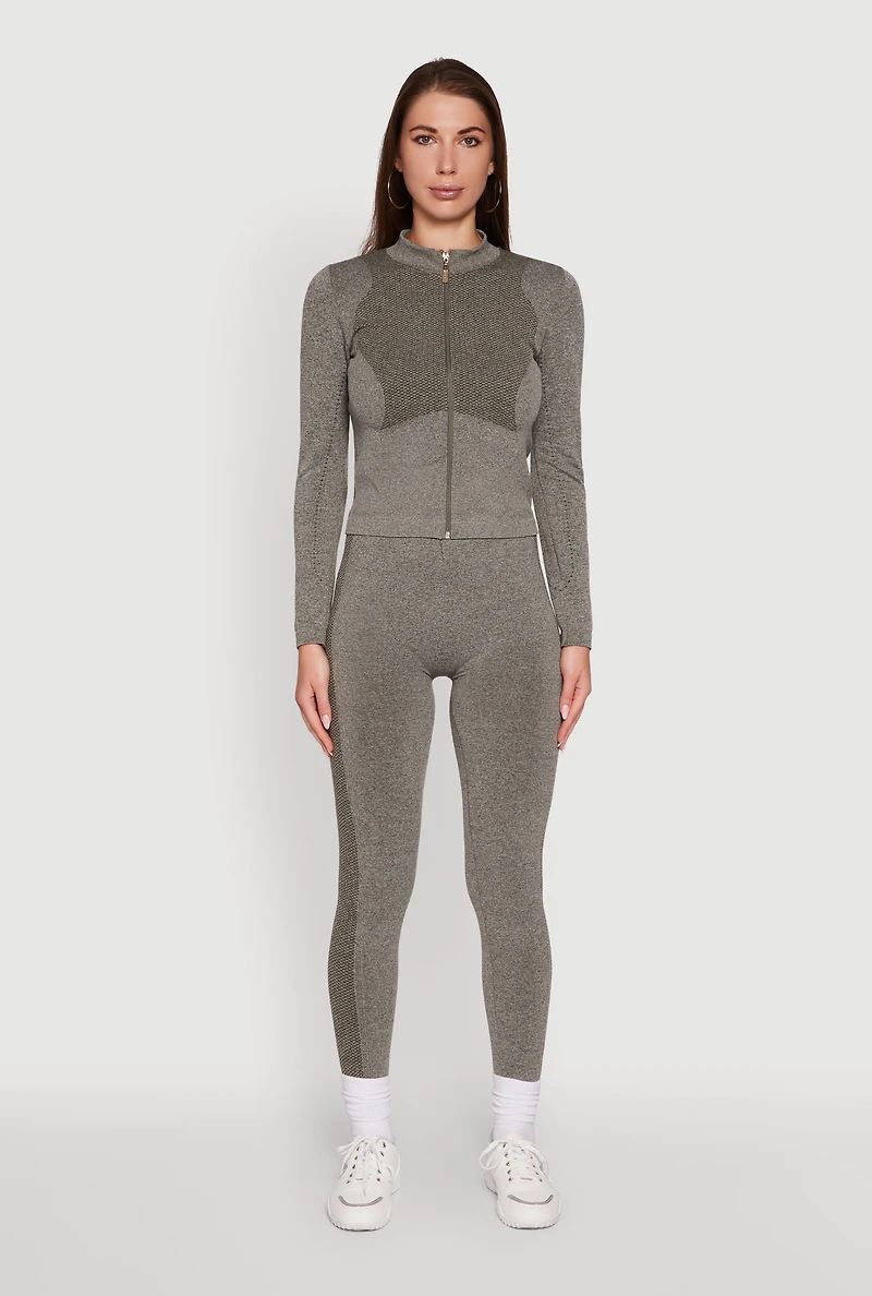 Womens Seamless Marled Mock Neck Long Sleeve Track Jacket, Grey, Size S-M