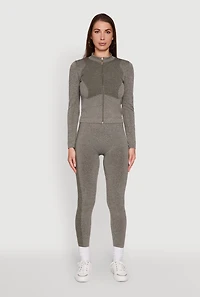 Womens Seamless Marled Mock Neck Long Sleeve Track Jacket, Grey, Size S-M