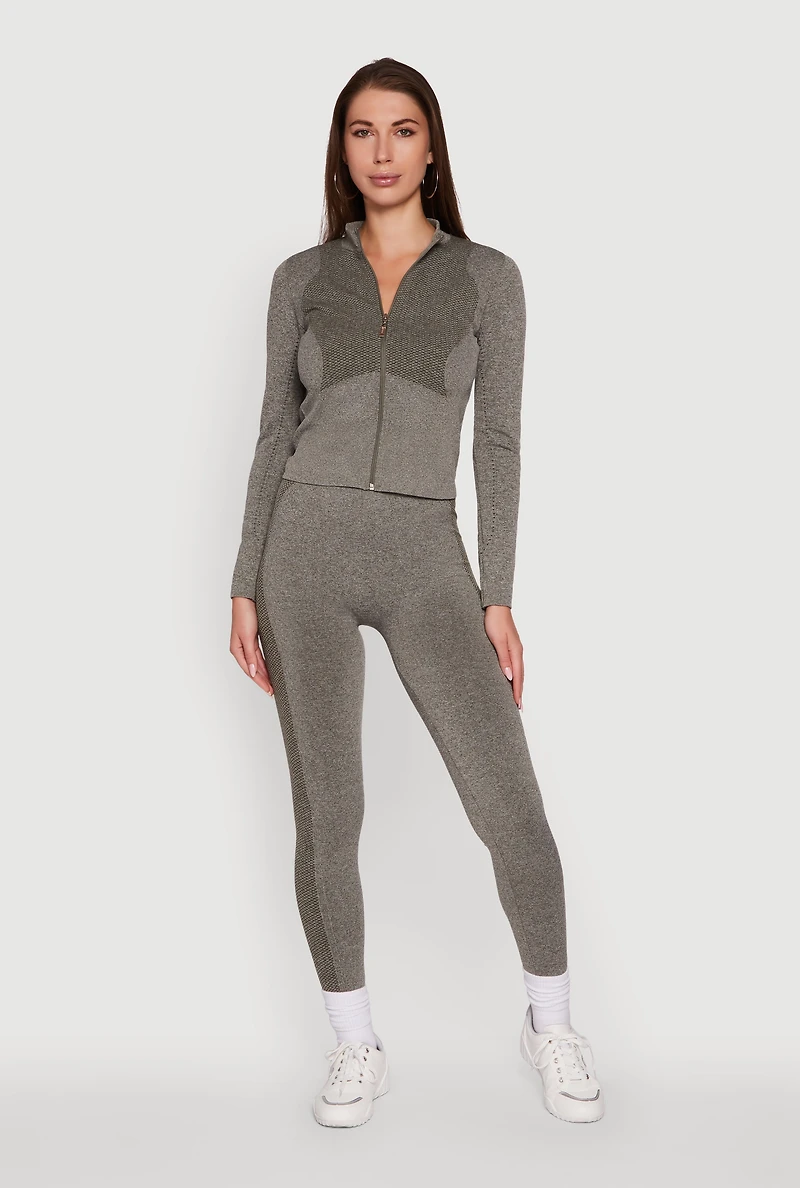 Womens Seamless Marled Mock Neck Long Sleeve Track Jacket, Grey, Size S-M