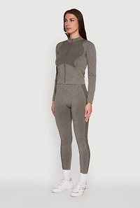 Womens Seamless Marled Mock Neck Long Sleeve Track Jacket, Grey, Size S-M
