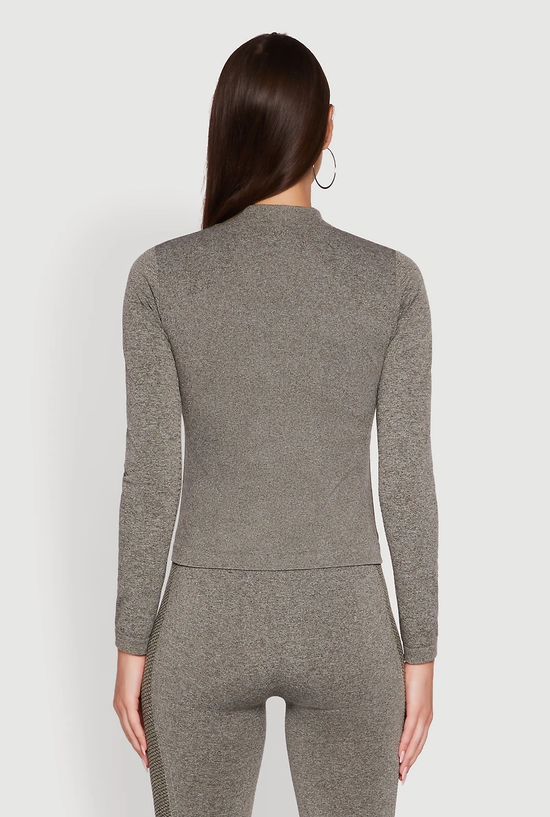 Womens Seamless Marled Mock Neck Long Sleeve Track Jacket, Grey, Size S-M